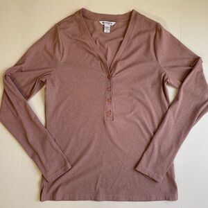 Athleta Untempo Ribbed Henley Long Sleeve Tee Womens Large Mauve Pink Heathered